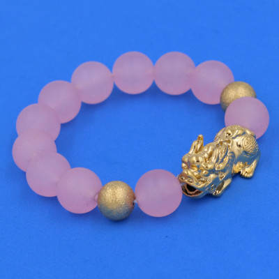 Vòng chuỗi đeo tay đá thạch anh hồng phấn mờ 14 ly ( size lớn ) charm tỳ hưu và bi inox vàng, vòng tay chuỗi hạt