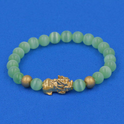 Chuỗi đeo tay đá Mắt Mèo xanh lá 6 ly cẩn Tỳ Hưu inox vàng VMEXLTHHBV6 - hợp mệnh Mộc, mệnh Hỏa