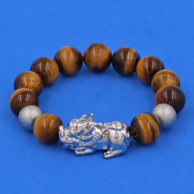 Chuỗi tay đá Mắt Hổ Vàng Đen 14 ly mix Tỳ Hưu inox bạc VMHVETHHBT14 - hợp mệnh Thổ, mệnh Kim - Vòng đeo tay size lớn