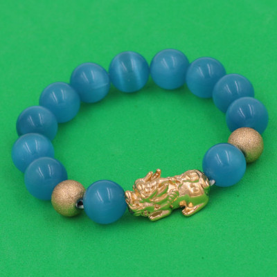 Vòng đeo tay Đá Mắt Mèo Xanh Biển 12 ly - cẩn Tỳ Hưu Phong Thủy inox vàng VMEXBTHHBV12 - hợp mệnh Thủy, mệnh Mộc