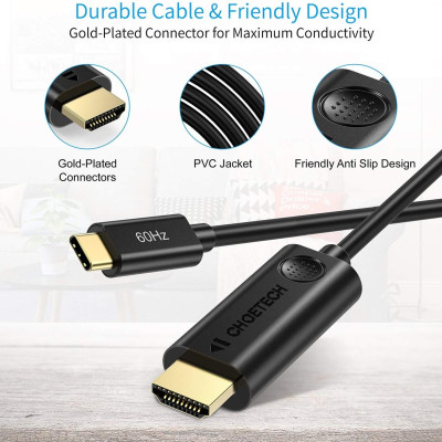 Dây cáp chuyển đổi cổng PD Type-C ra cổng HDMI chuẩn 4K dài 180cm hiệu CHOETECH CH009 cho điện thoại Macbook (Tốc độ ổn định 10Gbps@60Hz, Video chất lượng độ phân giải cao 4K) - Hàng chính hãng