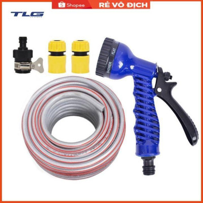 Bộ dây tăng áp 3 lần vòi xịt nước rửa xe, tưới cây loại 15m (cút nhựa nối nhựa đen) 206843