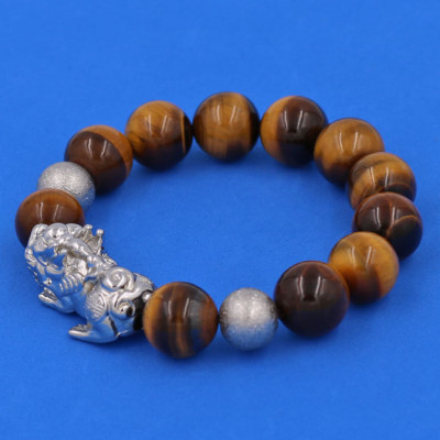 Chuỗi tay đá Mắt Hổ Vàng Đen 14 ly mix Tỳ Hưu inox bạc VMHVETHHBT14 - hợp mệnh Thổ, mệnh Kim - Vòng đeo tay size lớn