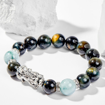 Vòng Tay Phong Thủy Nam Đá Mắt Hổ Xanh Đen Mix Đá Cẩm Thạch Phỉ Thúy Phối Charm Tỳ Hưu Bạc (12mm) Mệnh Thủy, Mộc Ngọc Quý Gemstones