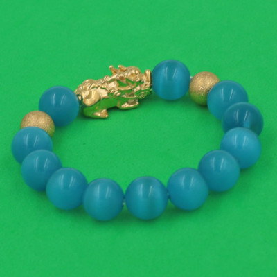 Vòng đeo tay Đá Mắt Mèo Xanh Biển 12 ly - cẩn Tỳ Hưu Phong Thủy inox vàng VMEXBTHHBV12 - hợp mệnh Thủy, mệnh Mộc