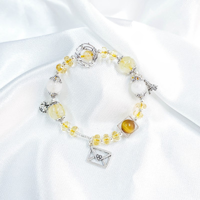 vòng tay mệnh kim, thủy đá citrine, đá ưu linh trắng mix đá mắt hổ nâu vàng+ charm thư, tòa tháp LAT.94