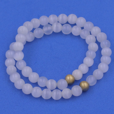 [Mệnh Kim, Thủy] Vòng Chuỗi Đôi 6 Ly Đá Mắt Mèo Trắng Charm Bi Inox VMETHBD