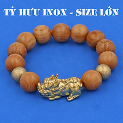 Vòng chuỗi đeo tay gỗ thủy tùng 15 ly ( size lớn ) charm tỳ hưu và bi inox vàng, vòng tay chuỗi hạt