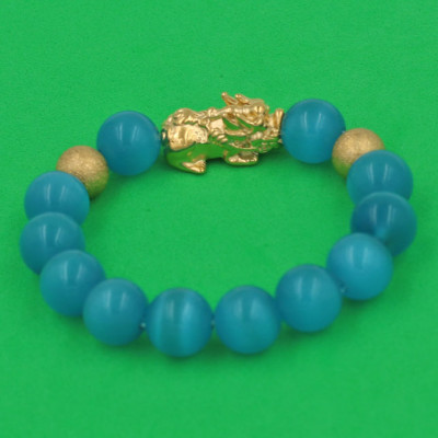 Vòng đeo tay Đá Mắt Mèo Xanh Biển 12 ly - cẩn Tỳ Hưu Phong Thủy inox vàng VMEXBTHHBV12 - hợp mệnh Thủy, mệnh Mộc