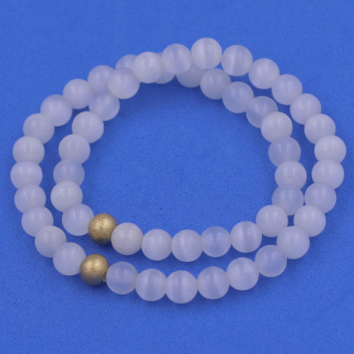 [Mệnh Kim, Thủy] Vòng Chuỗi Đôi 6 Ly Đá Mắt Mèo Trắng Charm Bi Inox VMETHBD