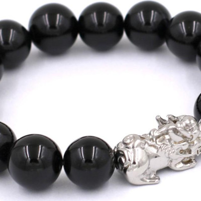 Vòng tay chuỗi hạt đá thạch anh đen 12 ly - cẩn Tỳ Hưu inox VTAETHT12 - hợp mệnh Thủy, mệnh Mộc