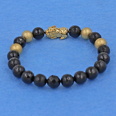 Vòng tay thạch anh đen cắt giác 8 ly - cẩn Tỳ Hưu inox vàng VTAEGTHVB8 - hợp mệnh Thủy, mệnh Mộc