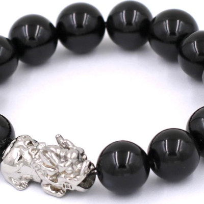 Vòng tay chuỗi hạt đá thạch anh đen 12 ly - cẩn Tỳ Hưu inox VTAETHT12 - hợp mệnh Thủy, mệnh Mộc