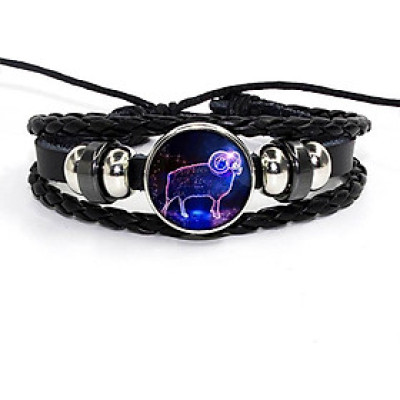 Vòng Đeo Tay Giả Cổ Dây Da Bệt Tết Phong Cách Retro Mặt Vòng Hình 12 Cung Hoàng Đạo Có Thể Điều Chỉnh Độ Rộng