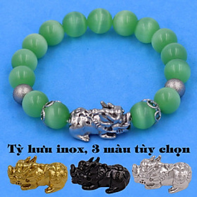 Vòng chuỗi đeo tay đá mắt mèo xanh lá charm tỳ hưu inox, bi inox, khía bông inox, vòng tay phong thuỷ