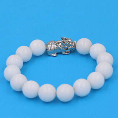 Vòng đeo tay san hô trắng 12 ly - cẩn Tỳ Hưu inox VTATTHT12 - hợp mệnh Kim, mệnh Thủy