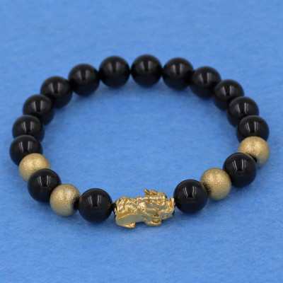 Vòng tay thạch anh đen 8 ly - cẩn Tỳ Hưu inox vàng VTAETHVB8 + hộp nhung - hợp mệnh Thủy, mệnh Mộc