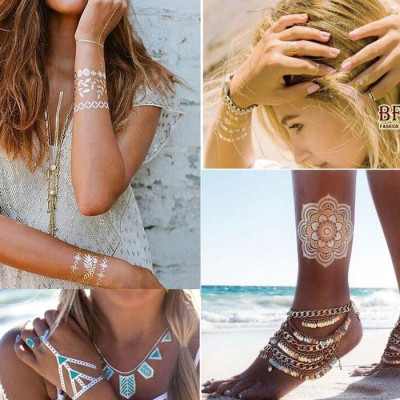 Hình xăm dán vòng tay, cổ chân, cánh tay nam nữ tạm thời ánh kim vàng bạc tatoo thời trang đi biển Legaxi
