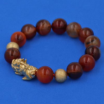 Vòng đeo tay Thạch Anh Nâu 12 ly - cẩn Tỳ Hưu Phong Thủy inox vàng VTANTHHBV12 - hợp mệnh Thổ, mệnh Mộc