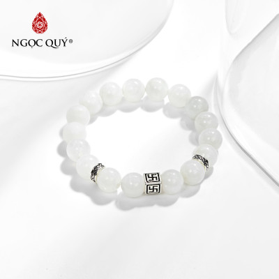 Vòng tay đá xà cừ trắng phối charm chữ vạn bạc (8mm) Ngọc Quý Gemstones