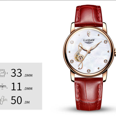 Đồng hồ nữ chính hãng KASSAW K815-1 ,Fullbox, Kính sapphire ,chống xước,chống nước,mặt trắng vỏ vàng hồng dây da, thép không gỉ 316L, Mới 100%,Bảo hành 24 tháng,thiết kế lộ cơ đơn giản,trẻ trung và sang trọng