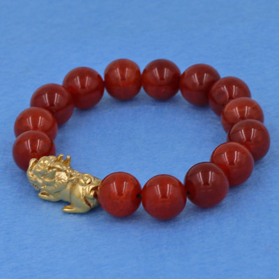 Vòng tay đá vân rồng đỏ 12 ly - cẩn Tỳ Hưu inox vàng VVROTHV12 - hợp mệnh Hỏa, mệnh Thổ