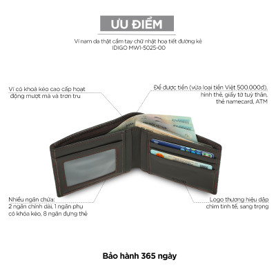 Ví nam da thật cầm tay chữ nhật hoạ tiết đường kẻ IDIGO MW1-5025-00