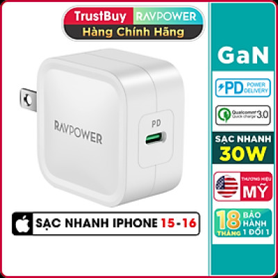 Adapter Sạc 1 Cổng Type-C 30W Công Nghệ GaN Hỗ Trợ Sạc Nhanh PD Power Delivery RAVPower RP-PC120 Với Đầu AC Gập - Hàng Chính Hãng