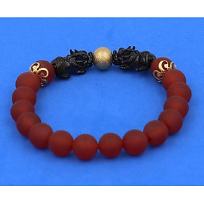 Vòng tay Thạch Anh Đỏ Mờ size 8 ly, 10 ly, 12 ly - Vòng tay Tỳ Hưu Đôi inox đen VTAOMTHHEV8 - hợp mệnh Hỏa, mệnh Thổ