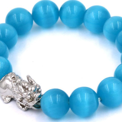 Vòng tay đá mắt mèo xanh biển 12 ly - cẩn Tỳ Hưu inox VMEXBTHT12 - hợp mệnh Thủy, mệnh Mộc