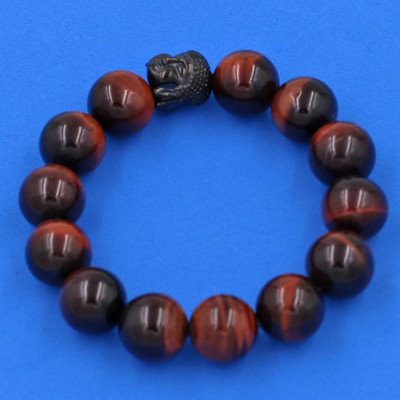 Vòng đeo tay đá mắt hổ đỏ đen 14 ly cẩn hạt Phật A Di Đà inox đen VMHOENLE14 - hợp mệnh Hỏa, mệnh Thổ