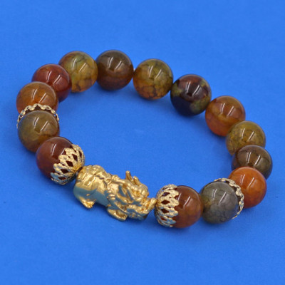 Vòng tay Đá Vân Rồng 12 ly -  Tỳ Hưu Phong Thủy inox vàng VVRTHBKV12