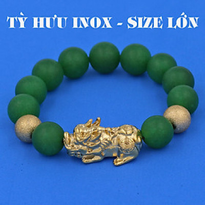 Vòng chuỗi đeo tay mã não xanh lá mờ 14 ly ( size lớn ) charm tỳ hưu và bi inox vàng, vòng tay chuỗi hạt