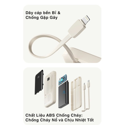 Pin dự phòng sạc nhanh ROCK P99 PD 22.5W 20000mAh có cáp tích hợp , hàng chính hãng bảo hành 1 năm