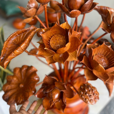 1 Bình hoa sen gỗ hương đỏ ,25 cành hoa lá gương ,bằng gỗ hương đá trang trí phòng khách ,phòng thờ quá đẹp 