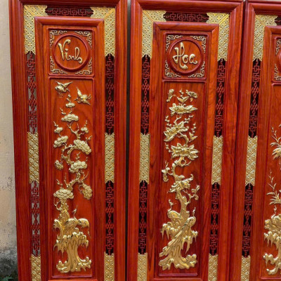 Tranh tứ quý bốn mua trong năm ,xuân ,hạ ,thu ,đông ,bằng gỗ hương đỏ sơn pu dát vàng cao cấp kt 37×107×3cm 