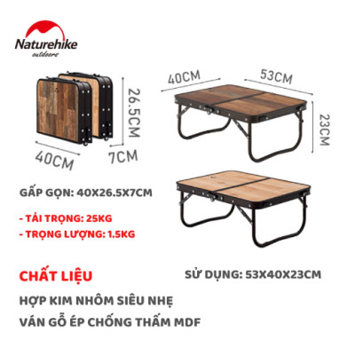 Bàn cắm trại MDF Vintage 2 mức chiều cao NatureHike NH20JJ028