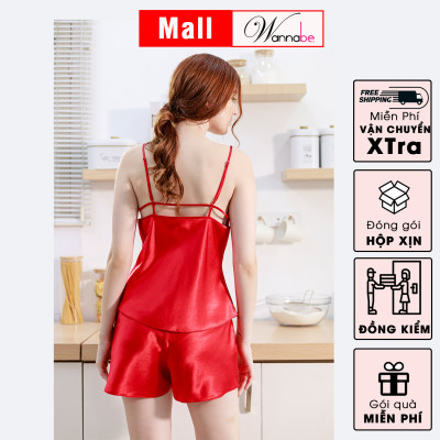 Đồ bộ mặc nhà phi lụa cao cấp WANNABE BSS19 đồ bộ quần sọt áo hai dây cúp ngực phối ren nữ tính