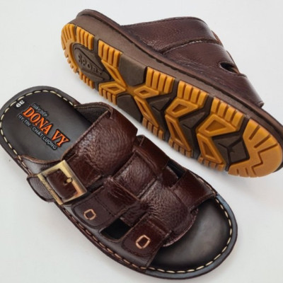 Dép quai ngang nam da bò cao cấp DONAVY, thiết kế kiểu khuy đồng thời trang D3KD
