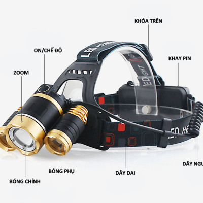 Đèn Pin Đội Đầu 3 Bóng Led T6 2 Pin Sạc 16850 - Hàng Chính Hãng 