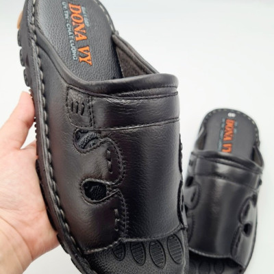 Dép Quai Ngang Nam Da Bò Khâu Viền, Đế Siêu Nhẹ, Có Răng Cưa Chống Trơn Trượt VNXK