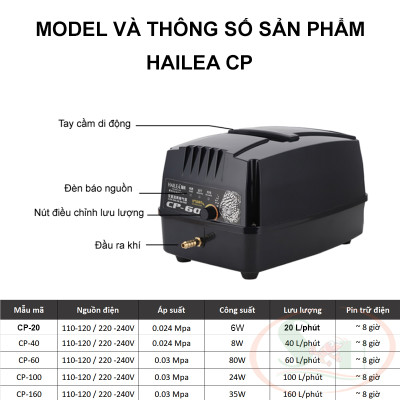 Máy sủi oxy tích điện Hailea CP / CPA 40, 60, 100, 120, 160 Air Pump bình trữ sục bể thủy sinh cá tép cảnh