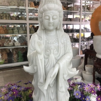 Tượng Phật Bà Quan Thế Âm Bồ Tát đứng đài sen đá cẩm thạch trắng - Cao 60 cm