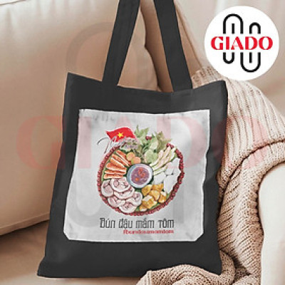 Túi canvas GIADO, túi canvas đen, túi tote in hình món ăn Việt Nam mẫu Bún đậu mắm tôm
