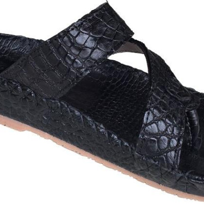 Dép da cá sấu Trường Hải quai ngang xỏ ngón màu đen sang trọng da cá sấu thật sắc sảo  may viền chắc chăn, đế kếp mềm dẻo không trơn DN0789