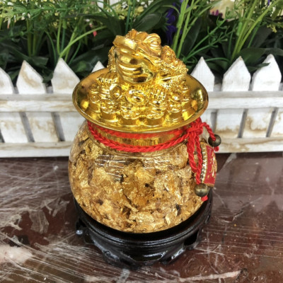 Bát tụ bảo lá vàng phong thủy có đính kèm thiềm thừ chiêu tài lộc