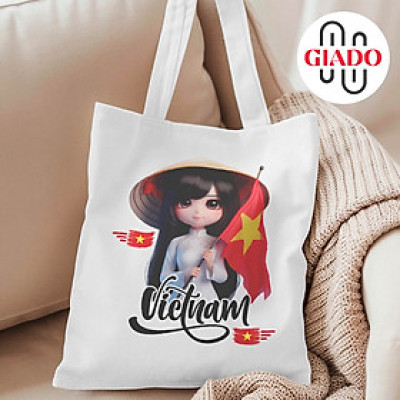 Túi canvas GIADO, túi vải bố, túi tote mẫu cô gái Việt Nam áo dài - Nhiều kích thước và màu sắc