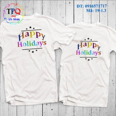 Đồ đôi đi biển dành cho gia đình quần sọc đa sắc áo in họa tiết Happy Holidays xinh xắn (giá 1 bộ gồm 1quần+1 áo)