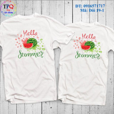 Đồ đôi đi biển mẫu mới đẹp sang chảnh quần sọc xanh áo in họa tiết dưa hấu hello summer ( giá 1 bộ gồm 1 quần +1 áo)