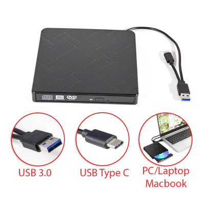 Ổ đĩa DVD gắn ngoài, Đầu đĩa CD/DVD di động USB 3.0 VÀ TYPE C cho máy tính xách tay Ổ ghi CD DVD ROM Tương thích với máy tính xách tay Máy tính để bàn PC Windows Linux OS Apple Mac-HÀNG CHÍNH HÃNG